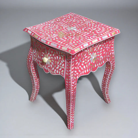 Mother Of Pearl Inlay French Leg Bedside 1 Drawer Floral Design Pink