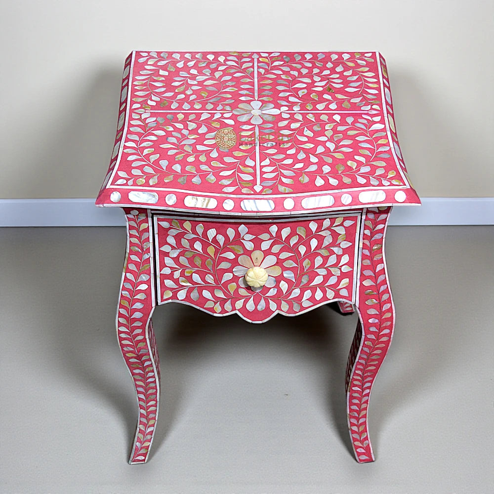 Mother Of Pearl Inlay French Leg Bedside 1 Drawer Floral Design Pink