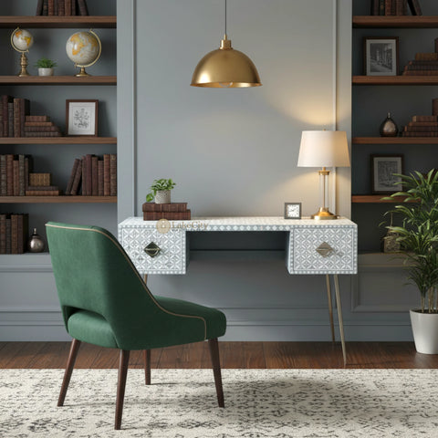 Mother Of Pearl Inlay Geometric Desk with Chrome Hardware