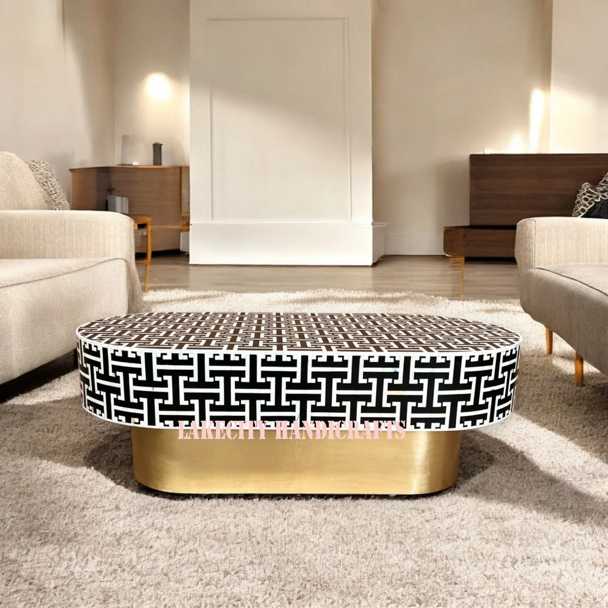 Mother Of Pearl Inlay Tetris Design Oval Shape Coffee Table Black | Mother Of Pearl Inlay Tetris Design Oval Shape Center Table Black