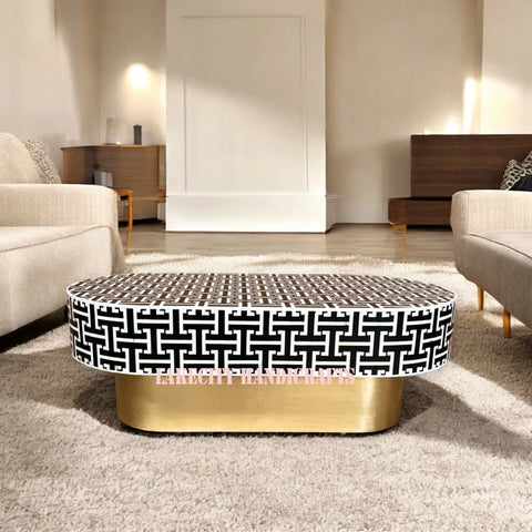 Mother Of Pearl Inlay Tetris Design Oval Shape Coffee Table Black | Mother Of Pearl Inlay Tetris Design Oval Shape Center Table Black