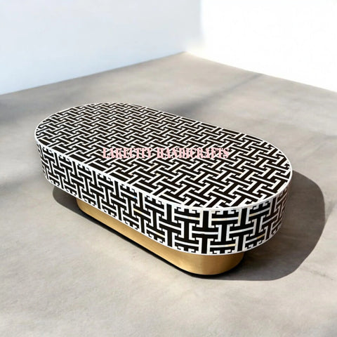 Mother Of Pearl Inlay Tetris Design Oval Shape Coffee Table Black | Mother Of Pearl Inlay Tetris Design Oval Shape Center Table Black