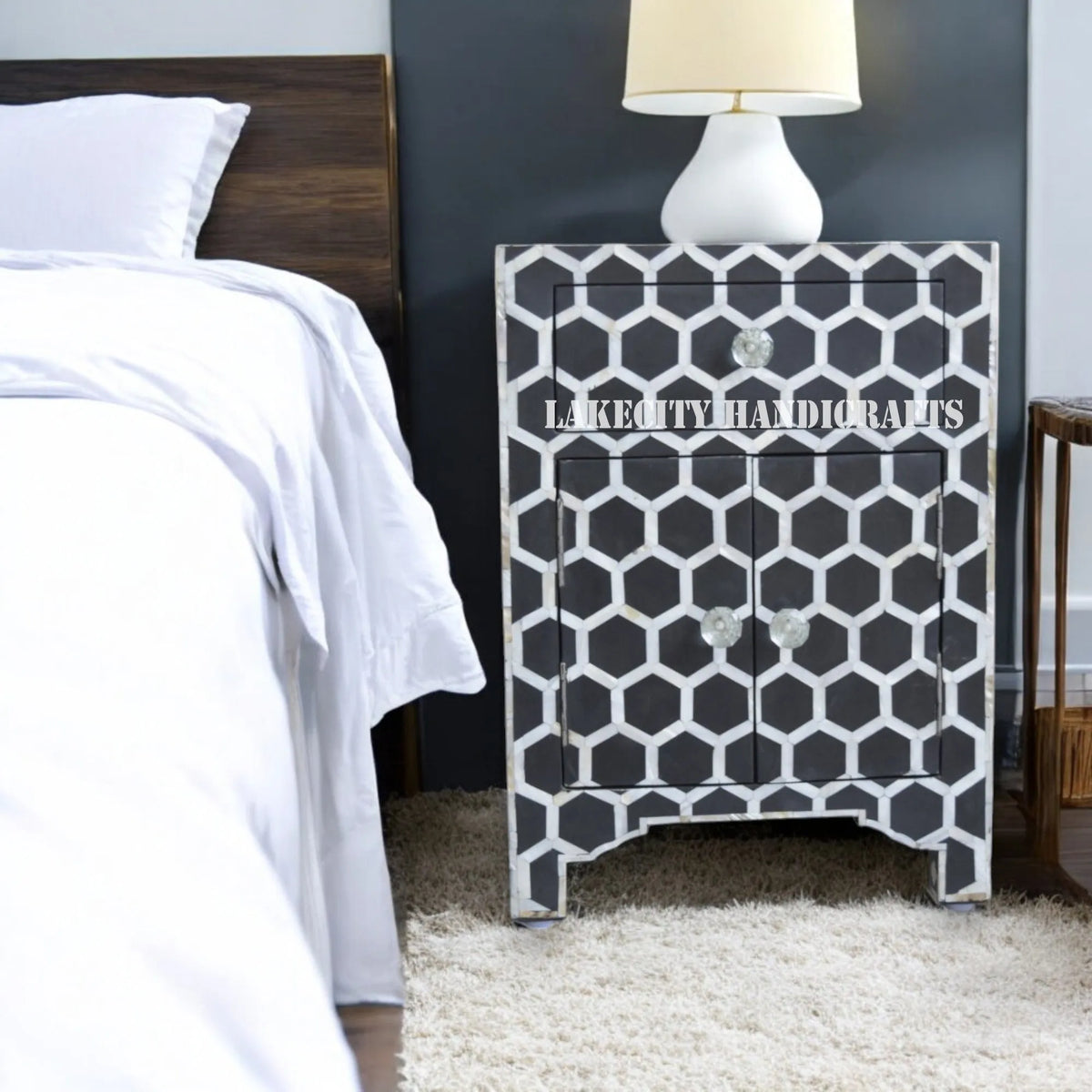 Bone Inlay Honeycomb Design 1 Drawer & 2 Doors Bedside Table Black | Mother Of Pearl Inlay Honeycomb Design Nightstand Table Black