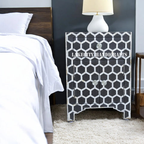 Bone Inlay Honeycomb Design 1 Drawer & 2 Doors Bedside Table Black | Mother Of Pearl Inlay Honeycomb Design Nightstand Table Black