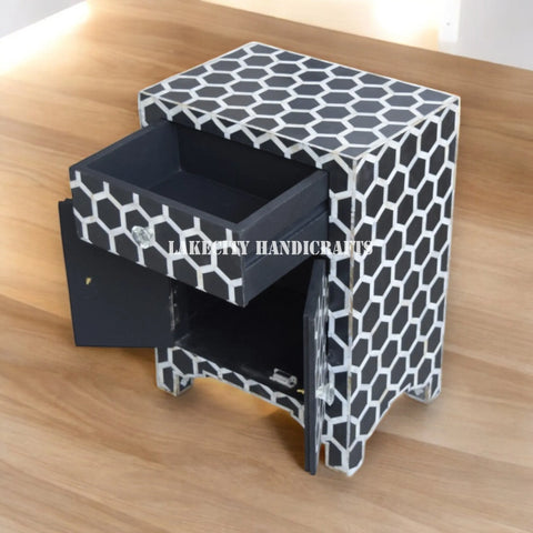 Bone Inlay Honeycomb Design 1 Drawer & 2 Doors Bedside Table Black | Mother Of Pearl Inlay Honeycomb Design Nightstand Table Black