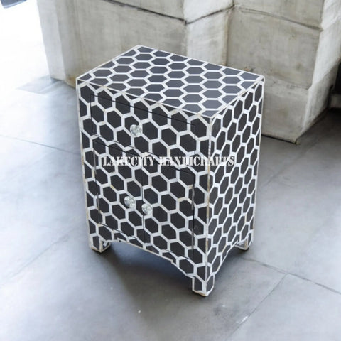 Bone Inlay Honeycomb Design 1 Drawer & 2 Doors Bedside Table Black | Mother Of Pearl Inlay Honeycomb Design Nightstand Table Black
