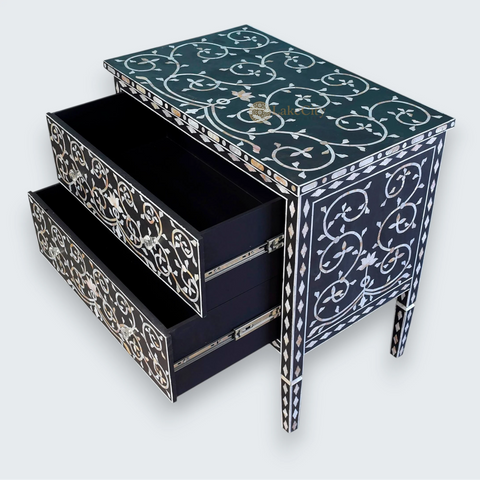 Mother Of Pearl Inlay Lotus Design 2 Drawers Chest Black