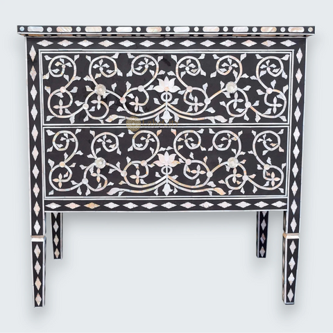Mother Of Pearl Inlay Lotus Design 2 Drawers Chest Black