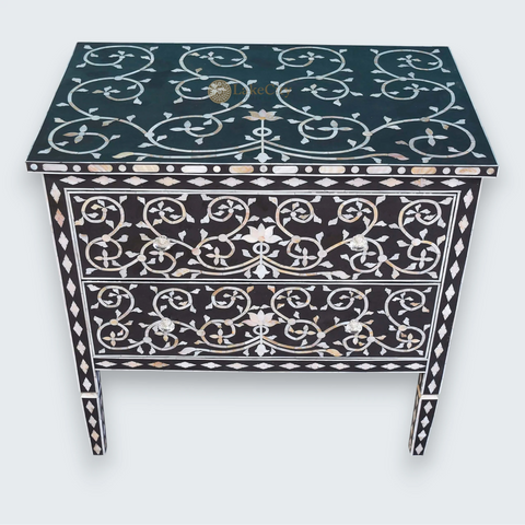 Mother Of Pearl Inlay Lotus Design 2 Drawers Chest Black