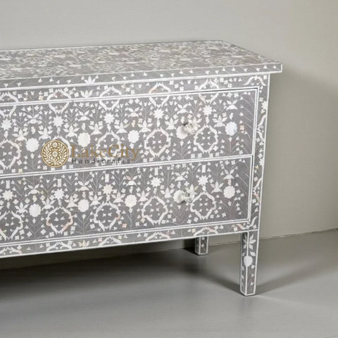 Moghul Mother Of Pearl Inlay Flower Design 2 Drawers Chest Grey