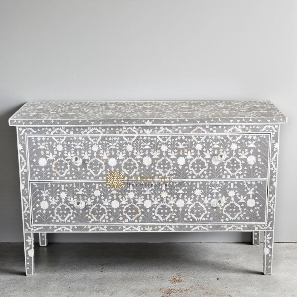 Moghul Mother Of Pearl Inlay Flower Design 2 Drawers Chest Grey