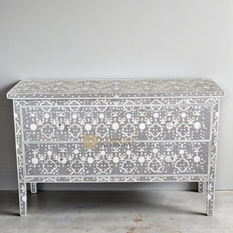 Moghul Mother Of Pearl Inlay Flower Design 2 Drawers Chest Grey
