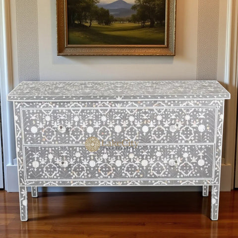 Moghul Mother Of Pearl Inlay Flower Design 2 Drawers Chest Grey
