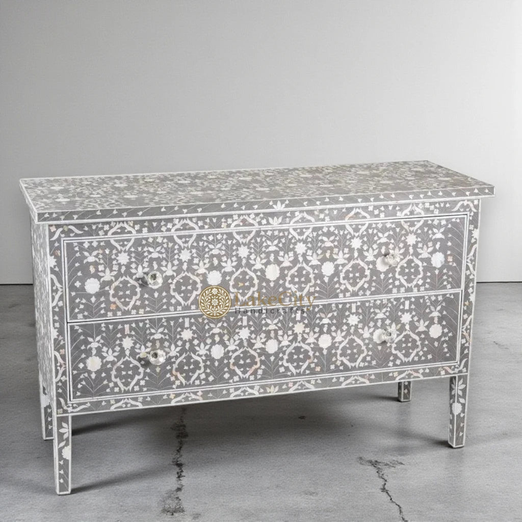 Moghul Mother Of Pearl Inlay Flower Design 2 Drawers Chest Grey