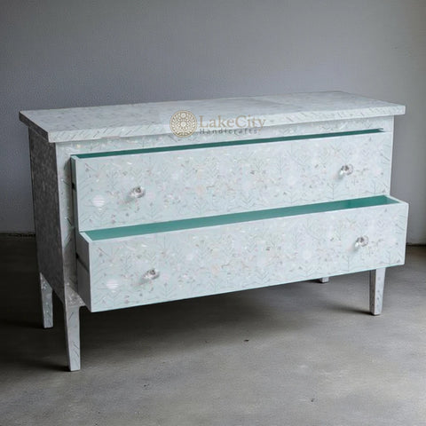 Mother Of Pearl Inlay Moghul Flower Design 2 Drawers Chest Seafoam