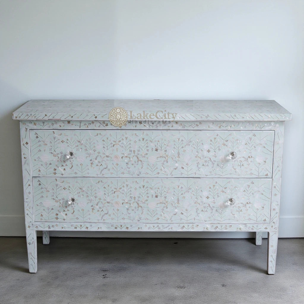 Mother Of Pearl Inlay Moghul Flower Design 2 Drawers Chest Seafoam
