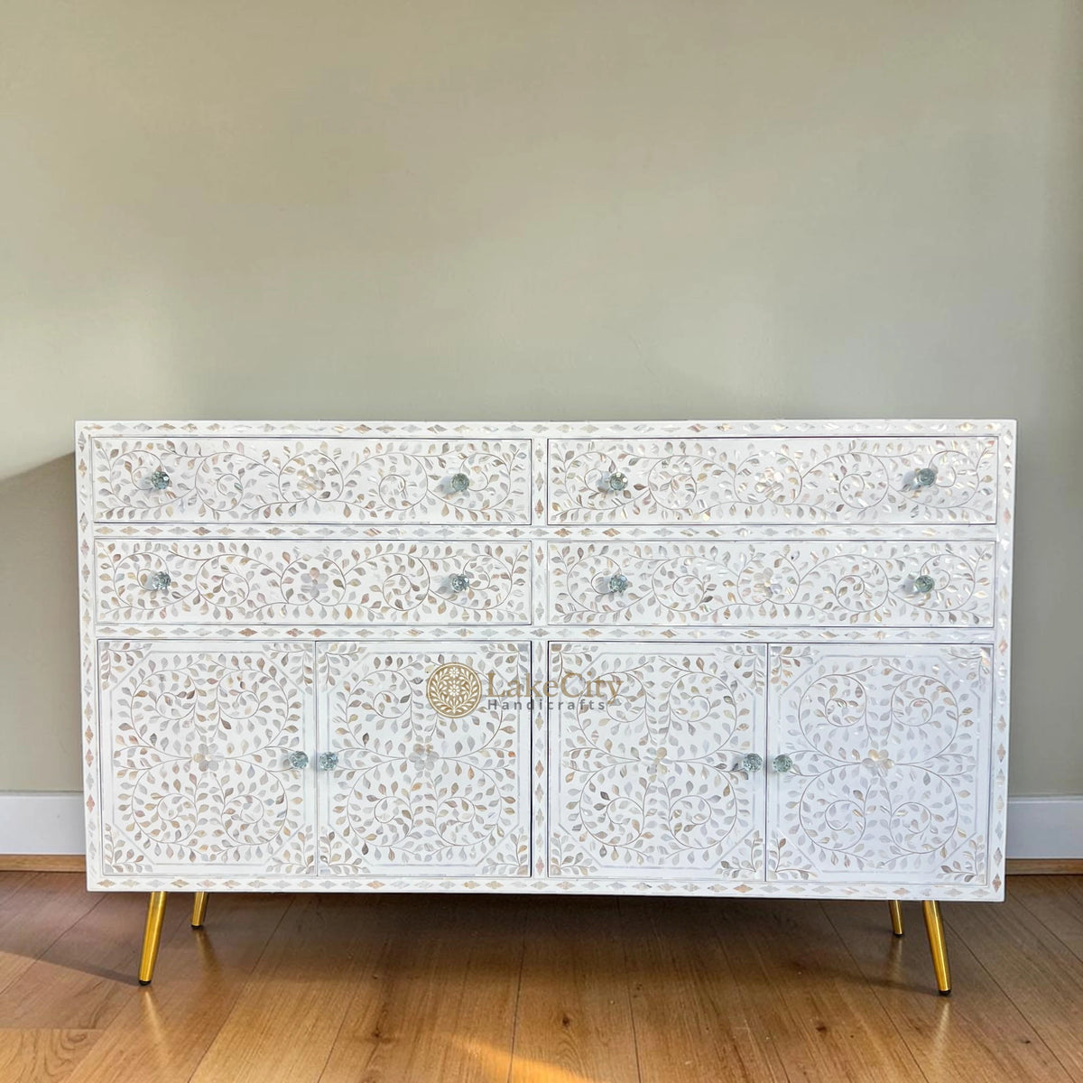 Mother Of Pearl Inlay Mylan Scroll-vine Design Buffet White