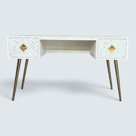 Mother Of Pearl Inlay Optical Design 2 Drawers Desk White | Mother Of Pearl Inlay Optical Design 2 Drawers Console Table White