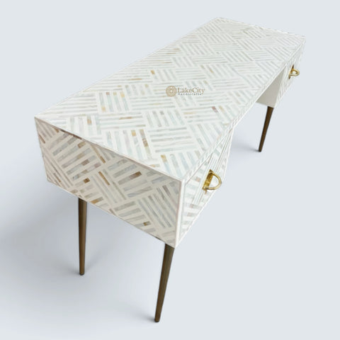 Mother Of Pearl Inlay Optical Design 2 Drawers Desk White | Mother Of Pearl Inlay Optical Design 2 Drawers Console Table White