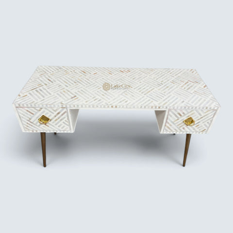 Mother Of Pearl Inlay Optical Design 2 Drawers Desk White | Mother Of Pearl Inlay Optical Design 2 Drawers Console Table White