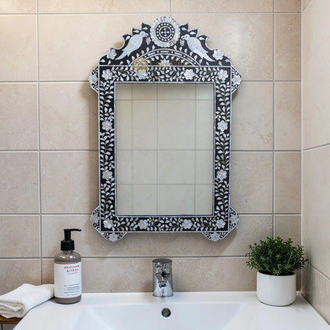 Mother Of Pearl Inlay Parrot Design Mirror Frame Black