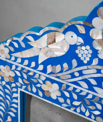 Mother Of Pearl Inlay Parrot Design Mirror Frame Blue