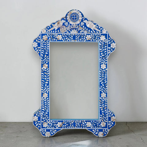 Mother Of Pearl Inlay Parrot Design Mirror Frame Blue