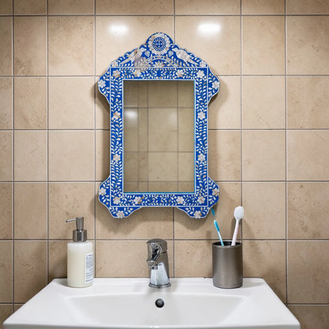 Mother Of Pearl Inlay Parrot Design Mirror Frame Blue