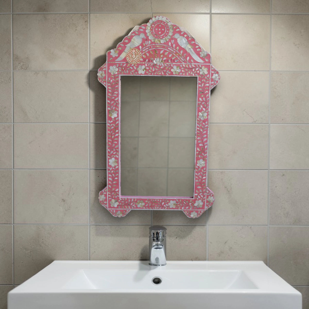 Mother Of Pearl Inlay Parrot Design Mirror Frame Pink