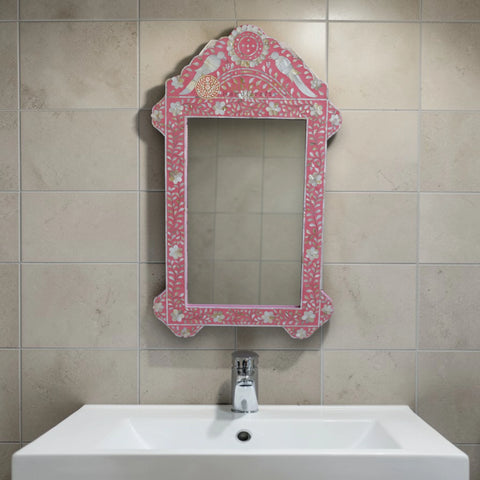 Mother Of Pearl Inlay Parrot Design Mirror Frame Pink