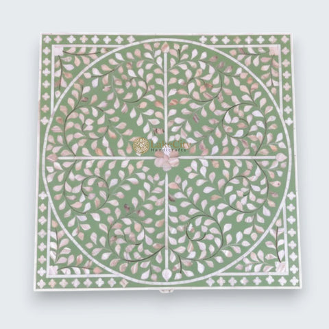 Mother Of Pearl Inlay Scroll-vine Design Bedside Table Green | Mother Of Pearl Inlay Scroll-vine Design Nightstand Table Green