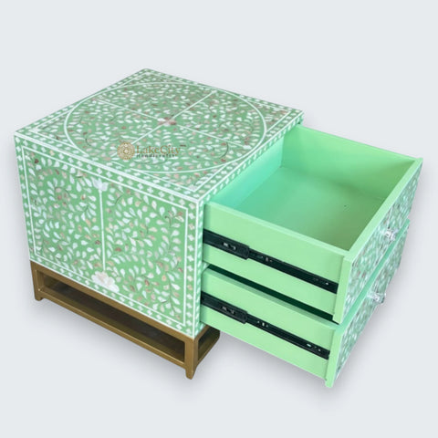 Mother Of Pearl Inlay Scroll-vine Design Bedside Table Green | Mother Of Pearl Inlay Scroll-vine Design Nightstand Table Green