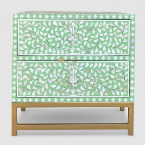 Mother Of Pearl Inlay Scroll-vine Design Bedside Table Green | Mother Of Pearl Inlay Scroll-vine Design Nightstand Table Green