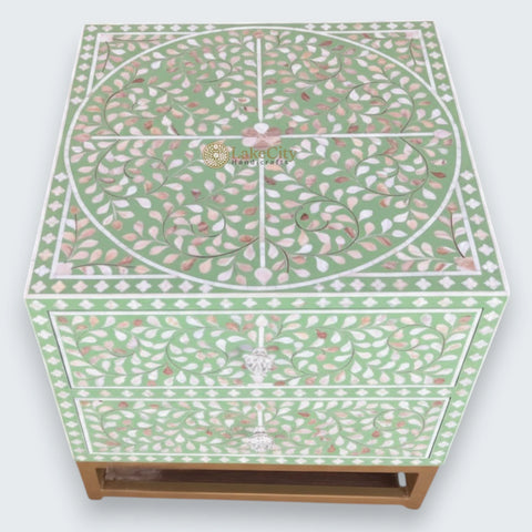 Mother Of Pearl Inlay Scroll-vine Design Bedside Table Green | Mother Of Pearl Inlay Scroll-vine Design Nightstand Table Green