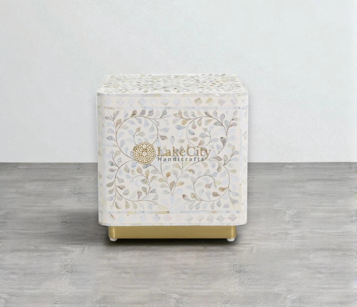 Mother Of Pearl Scroll-vine Design Square Side Table White