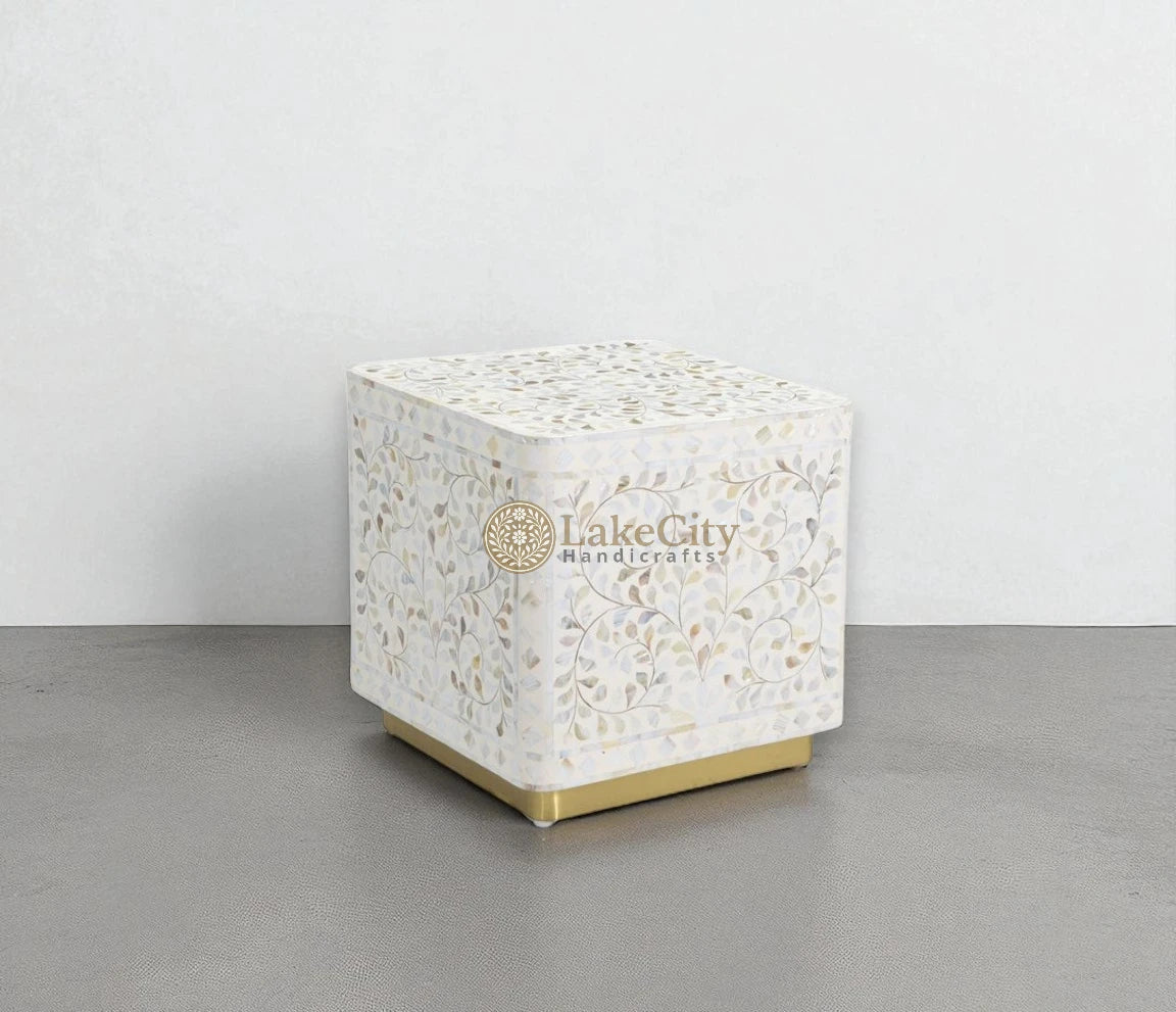 Mother Of Pearl Scroll-vine Design Square Side Table White
