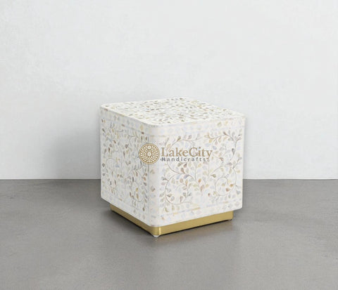 Mother Of Pearl Scroll-vine Design Square Side Table White