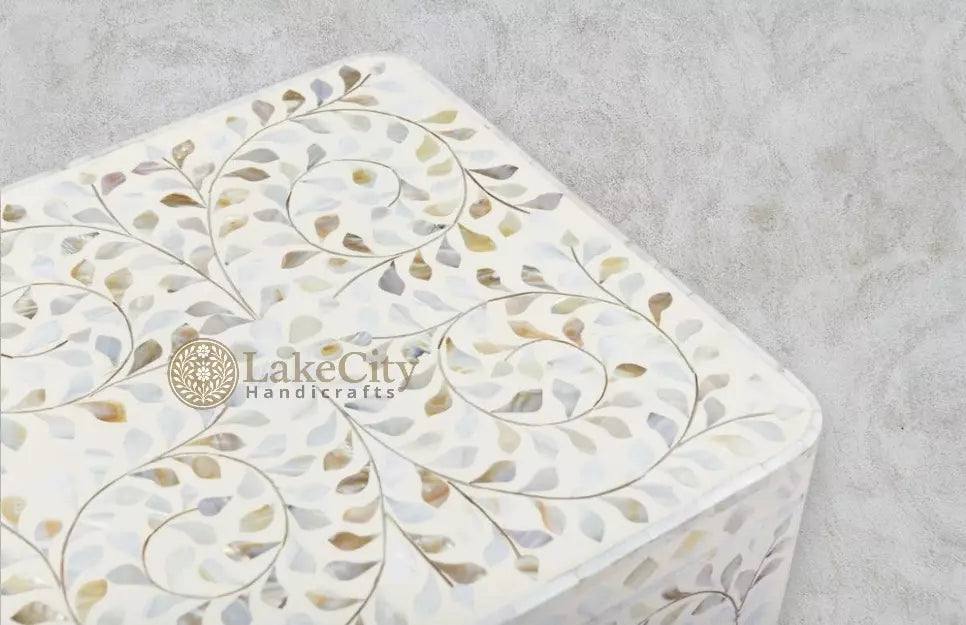 Mother Of Pearl Scroll-vine Design Square Side Table White