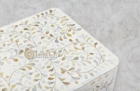 Mother Of Pearl Scroll-vine Design Square Side Table White