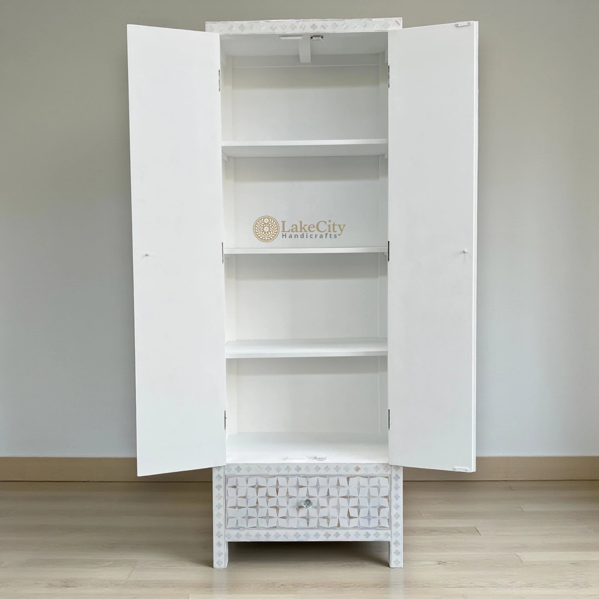 Mother Of Pearl Inlay Star Doors & Drawer Wardrobe White