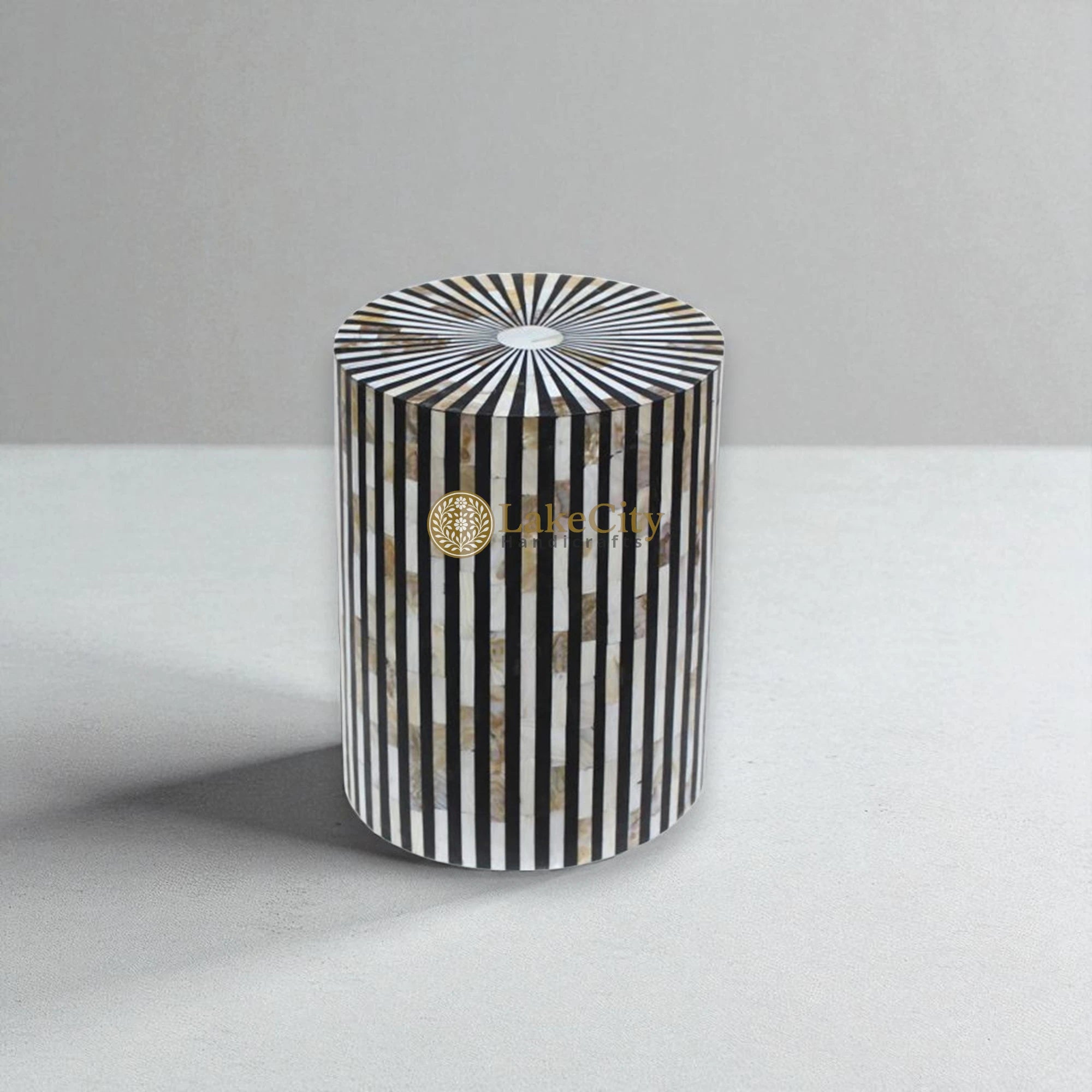 Mother Of Pearl Inlay Stripe Design Round Side Table Black