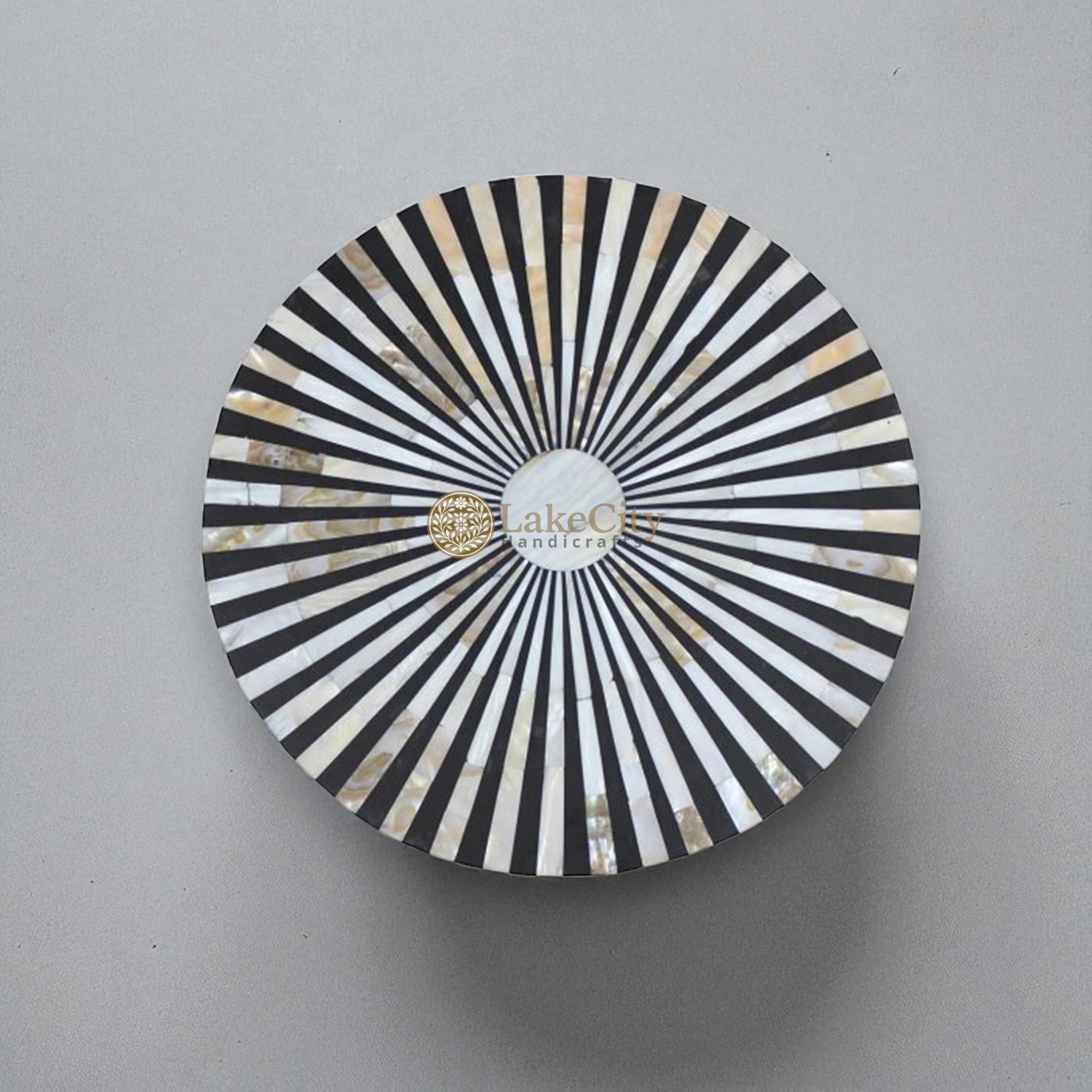 Mother Of Pearl Inlay Stripe Design Round Side Table Black