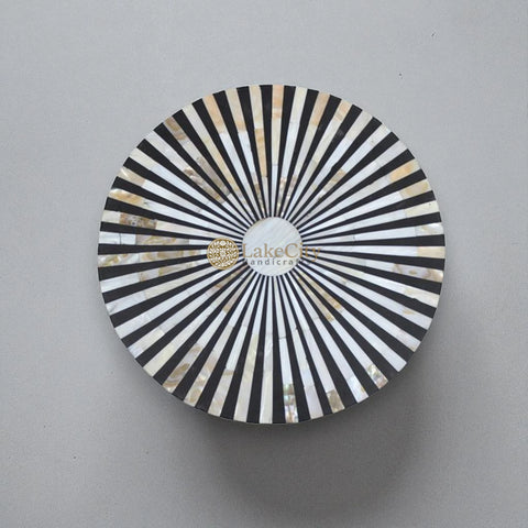 Mother Of Pearl Inlay Stripe Design Round Side Table Black