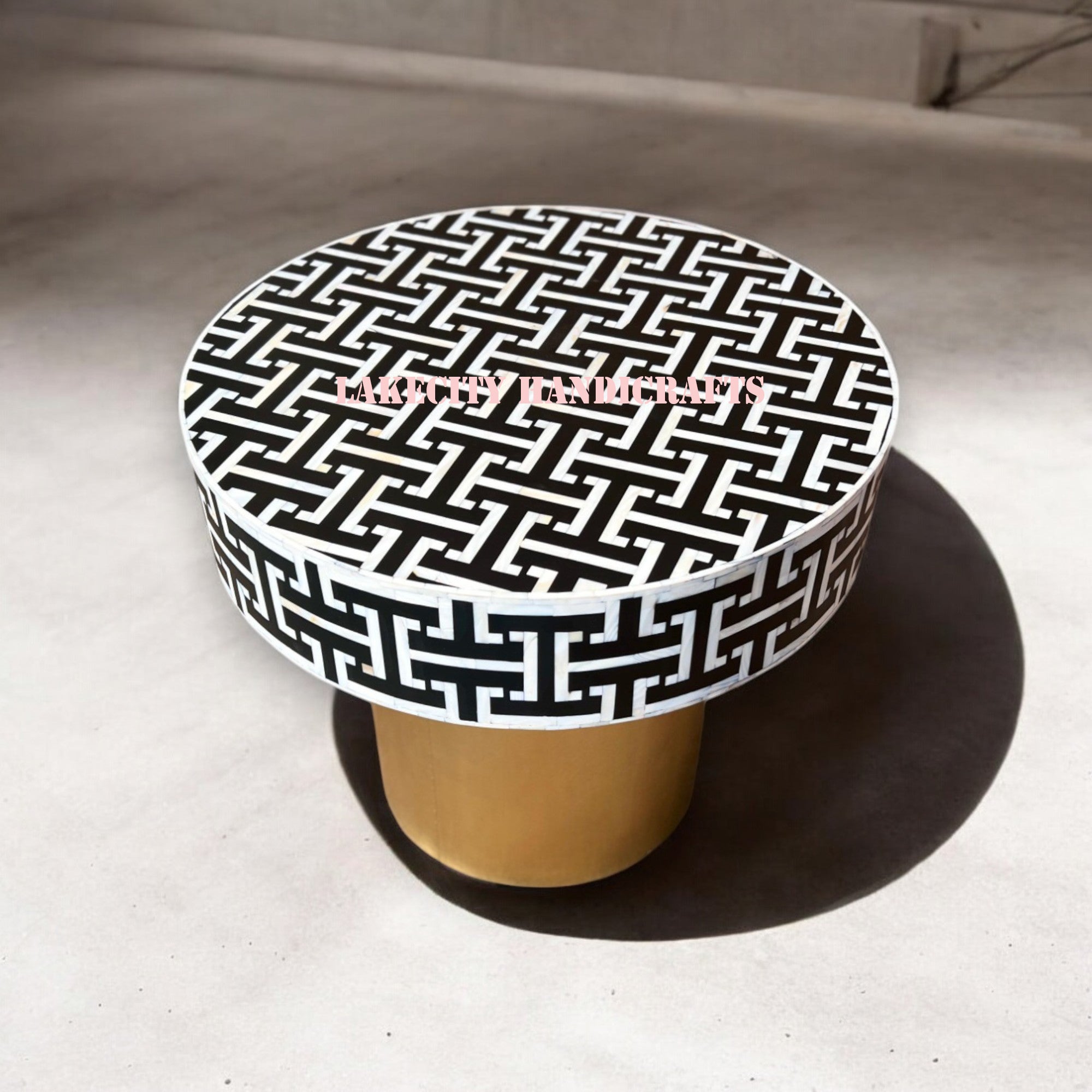 Mesa de centro redonda con diseño Tetris y incrustaciones de nácar, color negro | Mesa de centro redonda con diseño Tetris y incrustaciones de nácar, color negro