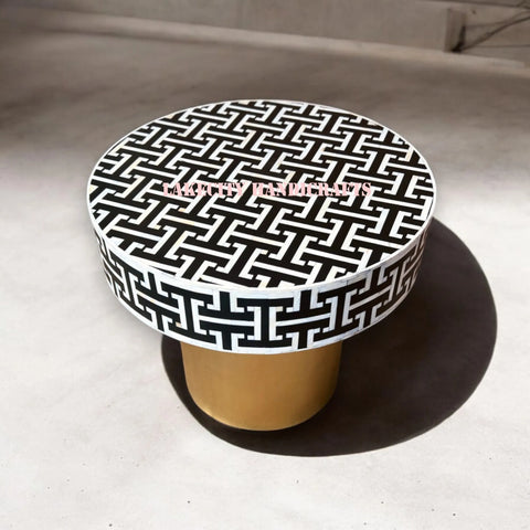 Mother Of Pearl Inlay Tetris Design Round Coffee Table Black | Mother Of Pearl Inlay Tetris Design Round Center Table Black