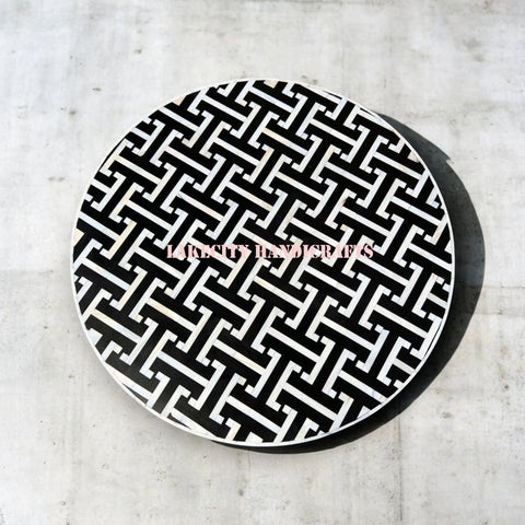 Mother Of Pearl Inlay Tetris Design Round Coffee Table Black | Mother Of Pearl Inlay Tetris Design Round Center Table Black