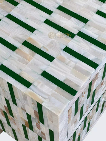 Mother Of Pearl Inlay Zarina Stripe Design Bedside Table Green