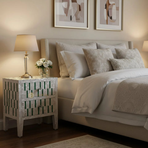 Mother Of Pearl Inlay Zarina Stripe Design Bedside Table Green