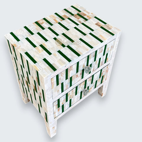 Mother Of Pearl Inlay Zarina Stripe Design Bedside Table Green