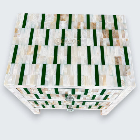 Mother Of Pearl Inlay Zarina Stripe Design Bedside Table Green